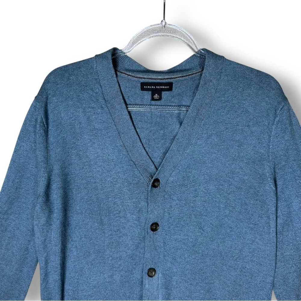 Banana Republic Mens Cardigan Sweater Sz M Silk Cashmere Blend V Neck Blue Casua